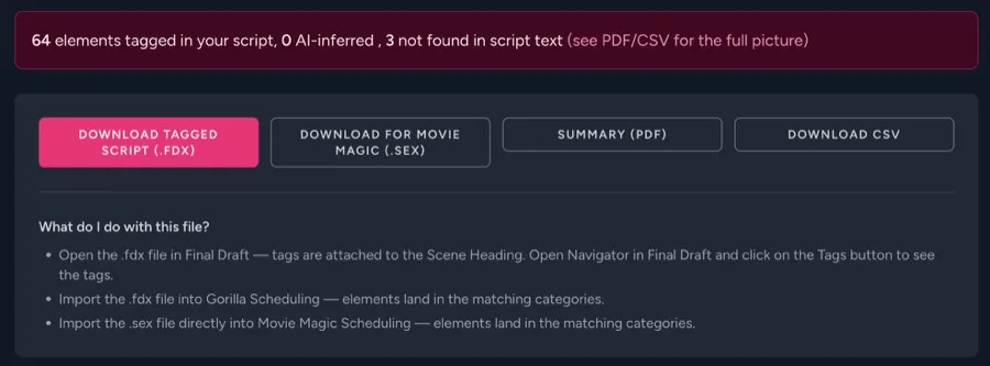 Download tagged script as Final Draft .fdx or Movie Magic .sex file