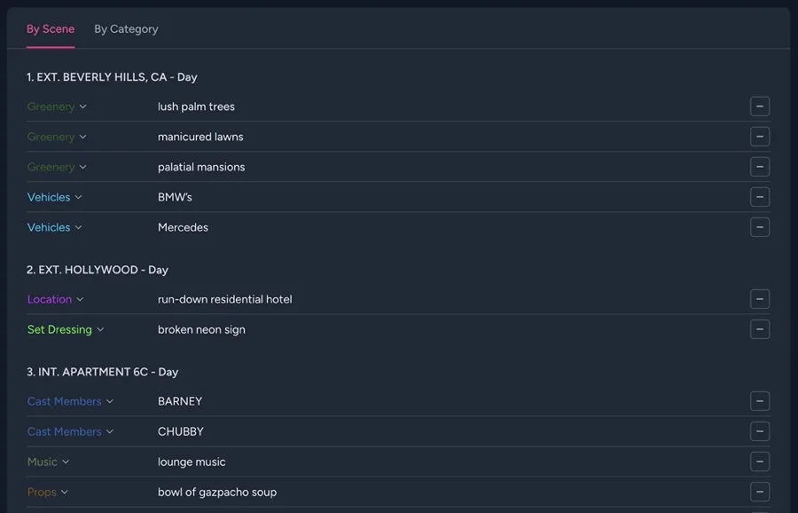 AI script breakdown results by scene with color-coded editable element categories