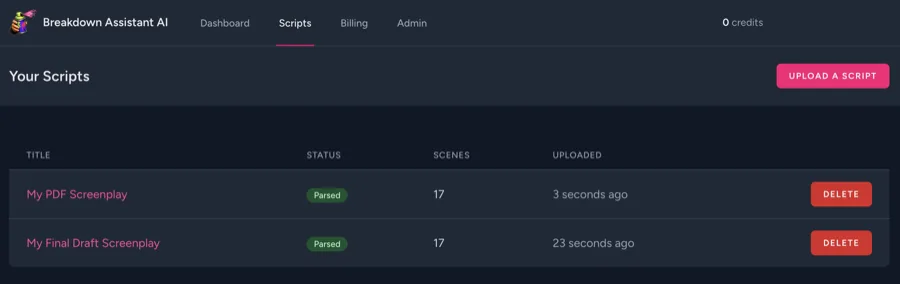 Breakdown Assistant AI upload screen for Final Draft and PDF screenplays